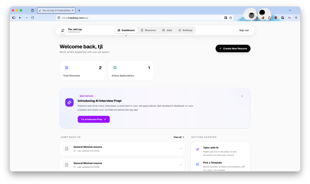 The Job Log App Dashboard